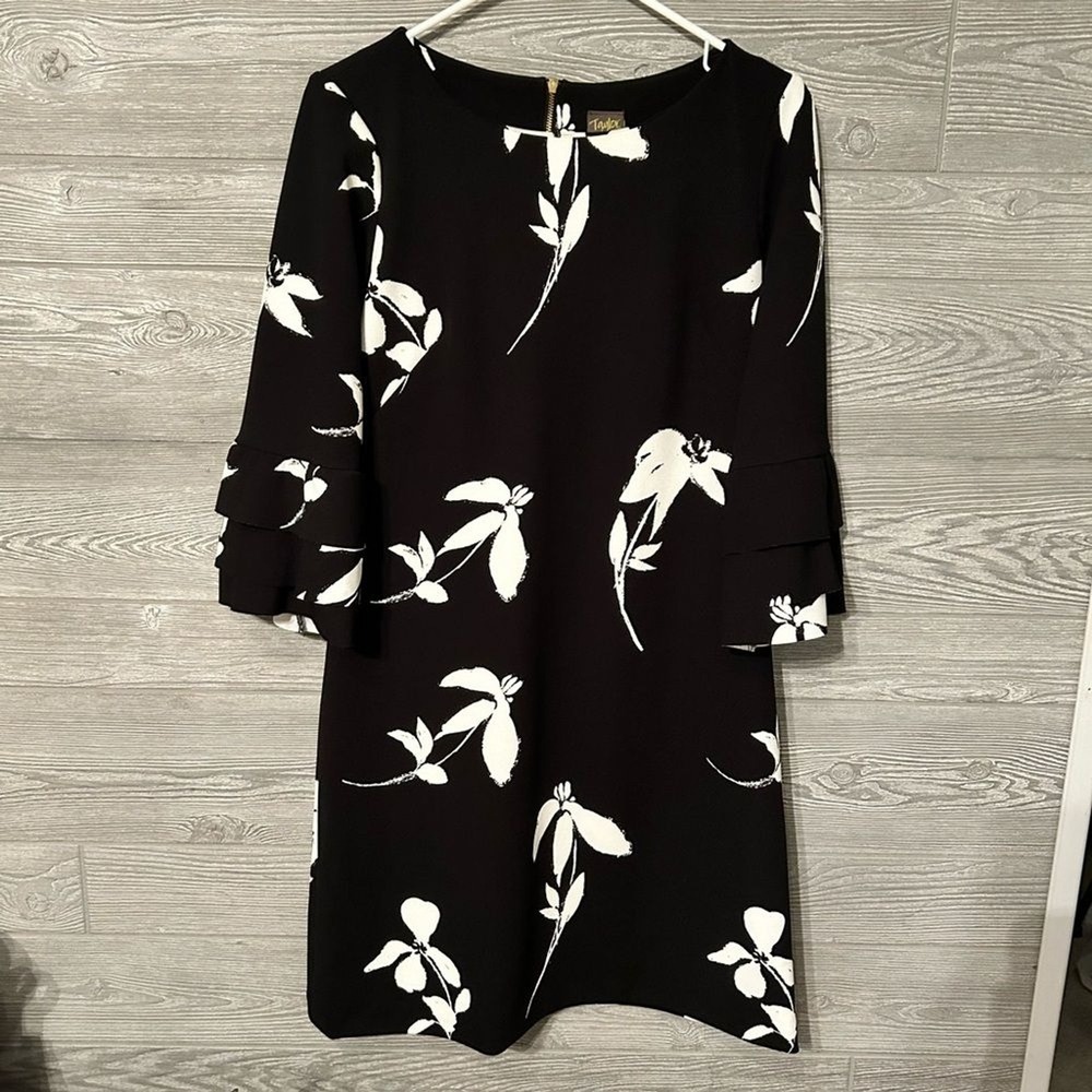 Taylor Womens Black White Floral Ruffle‎ Bell Sleeve Shift Dress Size 6